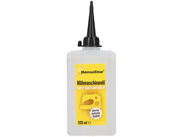 Olio per macchine da cucire -HANSELINE- 100ml, privo di resine e acidi - utilizzato per lubrificare cavi Bowden, meccanica di precisione, tachimetri, serrature, utensili