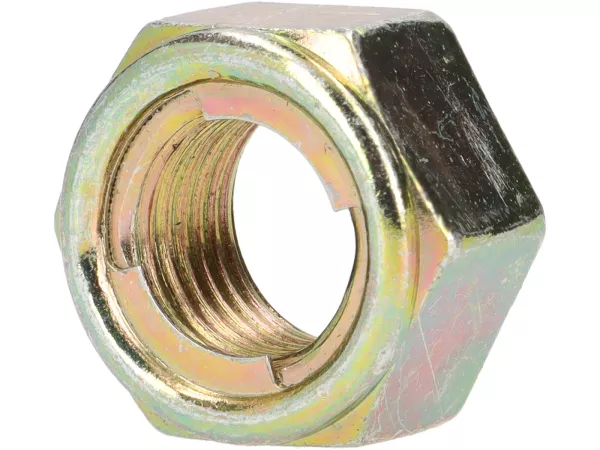 Voorwielmoer M14 x 1,5 (met metalen klemdeel) -PIAGGIO- Vespa PX (1984-), T5 125cc, Cosa, PK, Gilera Fuoco, Piaggio Hexagon, MP3, Quartz, Sfera RST, SKR, Zip SP, Vespa ET2, ET4, GT125, GTL, GTS125, GTV, LX, LXV, S, achterwielmoer Minarelli 50cc