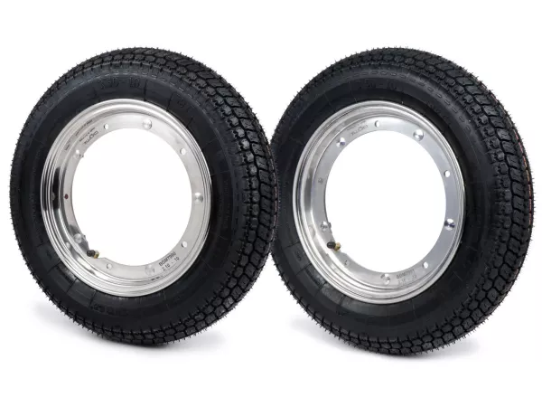 Compleet wiel (band gemonteerd op velg, klaar om te rijden) -BGM Classic, Vespa Largeframe PX, Sprint, Rally, GT, GTR, TS, T4, LML Star/Stella- 3.50 - 10 inch TT 59S (versterkt) - Velg roestvrij staal 2.10- 10- -BGM Classic.