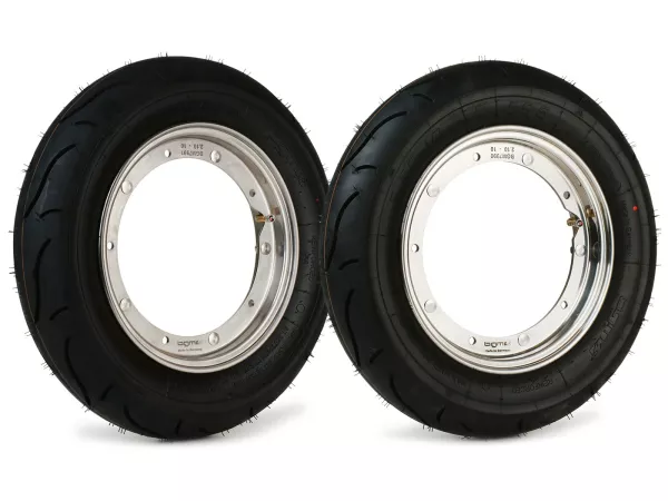 Roda lengkap (ban terpasang pada pelek yang siap dikendarai) -BGM Sport, Vespa Largeframe PX, Sprint, Rally, GT, GTR, TS, T4, LML Star/Stella- 3.50 - 10 inci TT 59P (diperkuat) - Pelek baja tahan karat 2.10 - 10 -