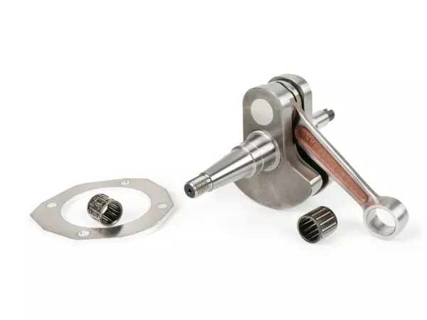 Poros engkol -Poros berbentuk lonceng MAZZUCCHELLI (untuk pemasukan diafragma) - langkah 60mm, batang penghubung 110mm, Ø16mm, termasuk bantalan konversi untuk pin piston Ø15mm dan spacer 5mm untuk dasar silinder - Vespa PX125-150