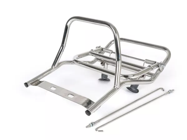 Opklapbaar bagagerek achter -MADRID STYLE steun met rubber- Vespa VNB1-VNB6, VBB1T, VBB2T, Super (VBC1T, VNC1), Sprint150 (VLB1), TS125 (VNL3), GT125 (VNL2), GTR125 (VNL2), GL (VLA1) - verchroomd staal