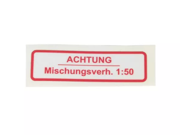 Sticker voor benzinedop -OEM KWALITEIT- Vespa Duits, Aandacht mengverhouding 1:50 -Rood