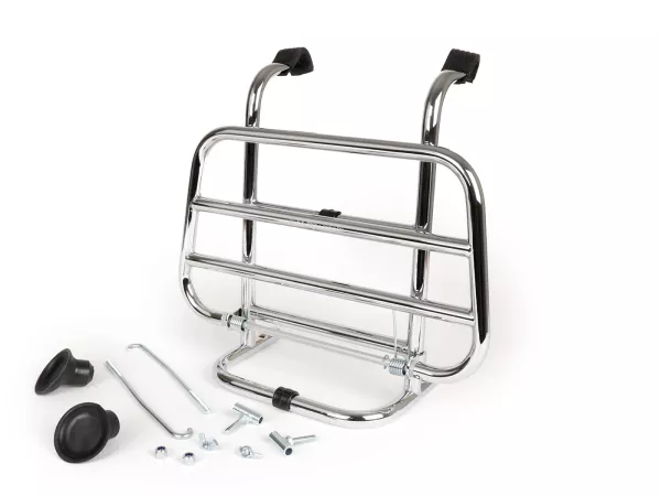 Front rack, fold down -FA ITALIA- Vespa Smallframe V50, PV125, ET3, Vespa Largeframe Rally180, Vespa Rally200, Sprint150, TS125, GT125, GTR125 - chrome