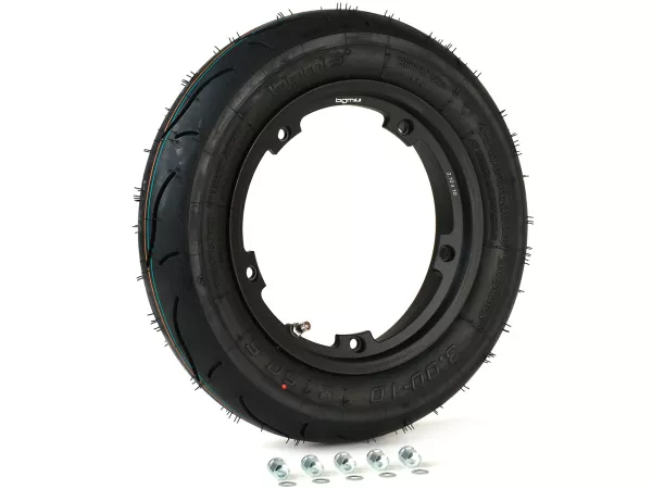 Compleet wiel (band gemonteerd op velg, rijklaar) -BGM Sport, tubeless, Vespa Smallframe V50, PK, Primavera, ET3- 3.00 - 10 inch TL 50S (versterkt) - velg 2.10-10 - zwart