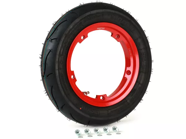 Compleet wiel (rijklaar gemonteerde band op velg) -BGM Sport, tubeless, Vespa Smallframe V50, PK, Primavera, ET3- 3.00 - 10 inch TL 50S (versterkt) - velg 2.10-10 - rood