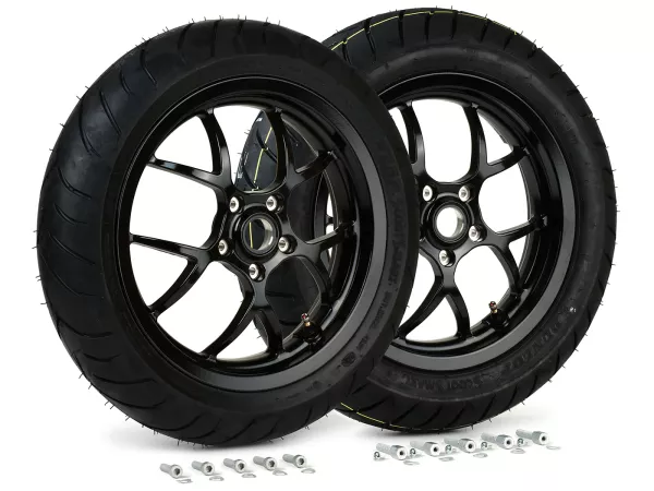 Komplett hjulsats (fram + bak inkl. monteringssats) -BGM PRO SPORT 13 tum- DUNLOP ScootSmart 120/70-13 + 130/70-13 - Vespa GTS, GTS Super, GTV, Sei Giorni, GT 60, GT, GT L 125-310ccm - blank svart