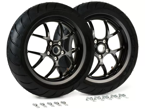 Komplett hjulsats (fram+bak inkl. monteringssats) -BGM PRO SPORT 13 tum- DUNLOP ScootSmart 130+140/60-13 - Vespa GTS, GTS Super, GTV, Sei Giorni, GT 60, GT, GT L 125-310ccm - blank svart