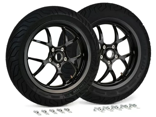 Komplett hjulsats (fram + bak inkl. monteringssats) -BGM PRO SPORT 13 tum- MICHELIN City Grip 2 120/70-13 + 130/70-13 - Vespa GTS, GTS Super, GTV, Sei Giorni, GT 60, GT, GT L 125-300ccm - blank svart
