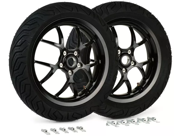 Komplettrad-Set (vorne+hinten inkl. Montageset) -BGM PRO SPORT 13 Zoll- MICHELIN City Grip 2 130+140/60-13 - Vespa GTS, GTS Super, ​GTV, Sei Giorni, GT 60, ​GT, ​GT L 125-310ccm - schwarz glänzend