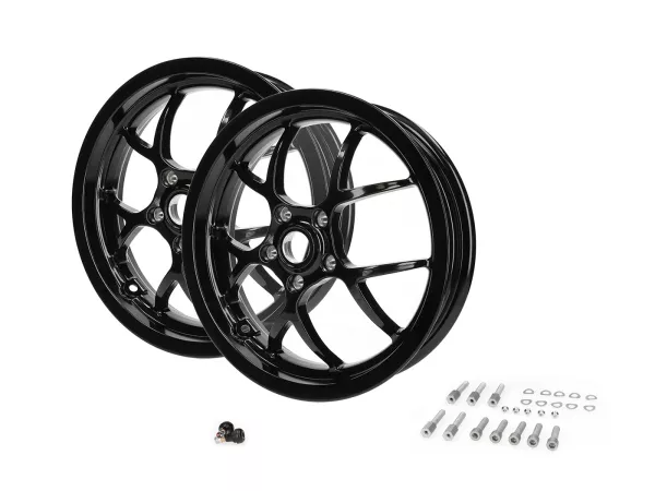 Wielset (voor+achter incl. montagesets) -BGM PRO SPORT - 3.00-13 inch - Vespa GTS, GTS Super, GTV, Sei Giorni, GT 60, GT, GT L 125-300cc - glanzend zwart