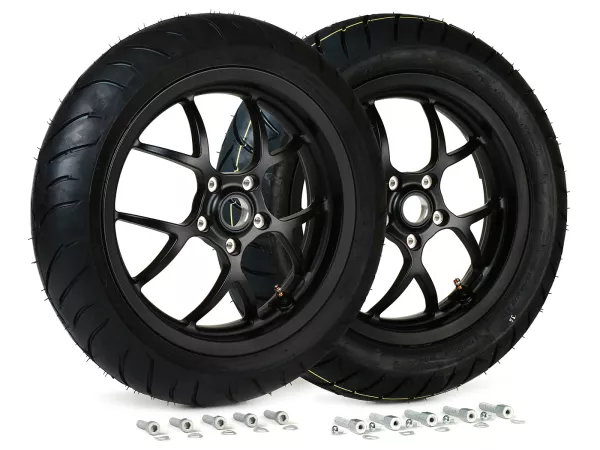 Komplett hjulsats (fram + bak inkl. monteringssats) -BGM PRO SPORT 13 tum- DUNLOP ScootSmart 120/70-13 + 130/70-13 - Vespa GTS, GTS Super, GTV, Sei Giorni, GT 60, GT, GT L 125-310cc - svart matt