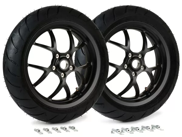 Komplett hjulsats (fram+bak inkl. monteringssats) -BGM PRO SPORT 13 tum- DUNLOP ScootSmart 130+140/60-13 - Vespa GTS, GTS Super, GTV, Sei Giorni, GT 60, GT, GT L 125-310ccm - svart matt