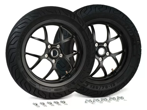 Komplett hjulsats (fram + bak inkl. monteringssats) -BGM PRO SPORT 13 tum- MICHELIN City Grip 2 120/70-13 + 130/70-13 - Vespa GTS, GTS Super, GTV, Sei Giorni, GT 60, GT, GT L 125-310cc - svart matt