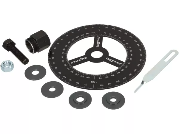 Graderad skiva inkl. hållare och visare -BGM PRO aluminium - svart - lämplig för Vespa med polhjulsgänga M28x1mm - Vespa PK, PX, T5, Cosa, LML och fordon med elektronisk tändning (BGM/VAPE) Vespa V50, PV, Sprint, VBB, GT, Sprint, Super, Wideframe