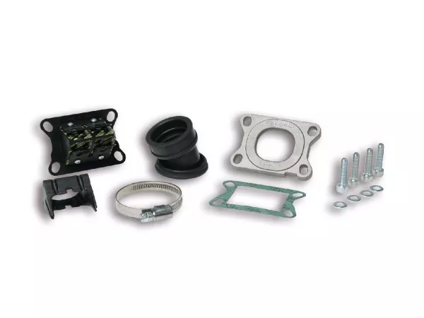 Intake manifold incl. reed valve bloc -MALOSSI MHR X360 Ø30mm, Ø35mm- MinarelliI AM3-AM6, Derbi D50B0, D50B1, EBE050, EBS050, Keeway KW1E40QMB-2, Aprilia MX50, RS50, RX50, SX50, Tuono50, Derbi Senda50, GPR50, Peugeot XPS50, XR6, XR7, Rieju RS50, Yamaha TZ