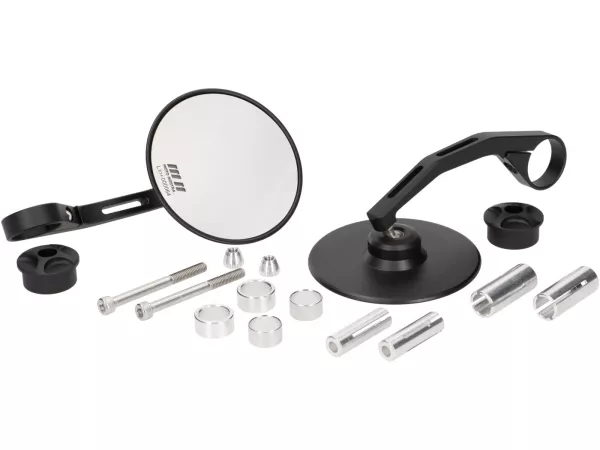 Spiegelset -MOTO NOSTRA 1408, aluminium CNC, Ø=95mm rond, stuuruiteinden- zwart mat