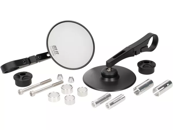 Spiegelset -MOTO NOSTRA 1409, aluminium CNC, Ø=95mm rond, stuuruiteinden- zwart mat