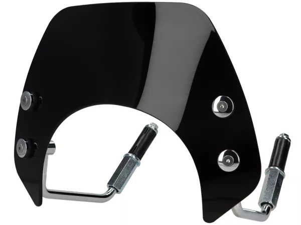Flyscreen with chromed brackets -MOTO NOSTRA- w=293mm, h=101mm- Vespa GTS 125-310 Keyless - black tinted glass'