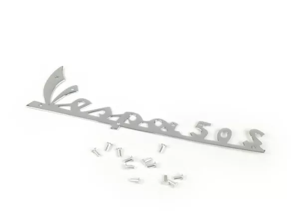 Badge legshield -PREMIUM- Vespa 50S - Vespa 50S (V5SA1T -57177) - 148x40mm - Fastening with rivets (7 pcs.) - chrome
