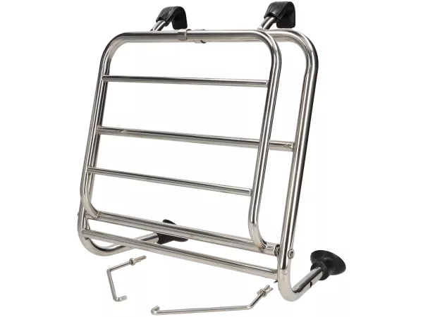 Folding front luggage rack -PREMIUM- Vespa Wideframe, Vespa Largeframe Rally180, Vespa Rally200, Sprint150, TS125, GT125, GTR125, Vespa PX80, PX125, PX150, PX200 - stainless steel
