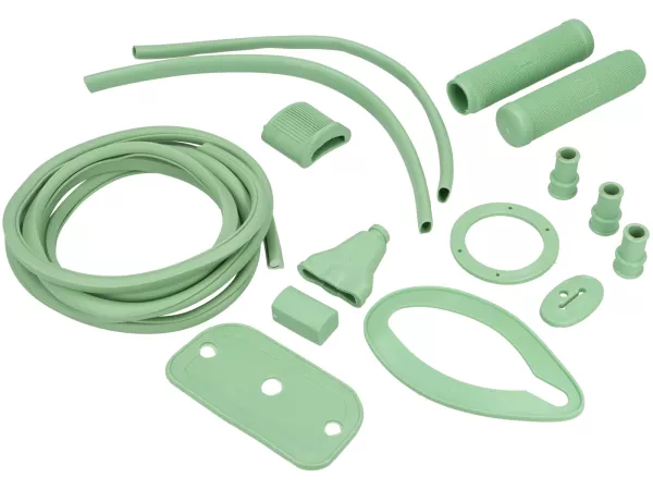 Rubber parts set -PREMIUM- Vespa Wideframe lamp bottom / Faro Basso V1-15, V30-33, VU, VM, VN, ACMA, VL, VB, VGL1 - pale green (RAL6021) - 15 parts