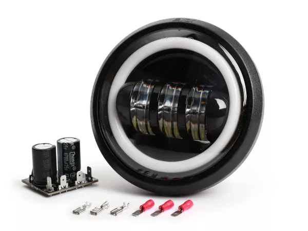 Juego de faros -RMS LED 12V, redondos- Vespa SS50 (V5SS1T), 50SR (V5SS2T), SS90 (V9SS1T), 90 Racer (V9SS2T), PV125 (VMA1T, VMA2T), ET3 VMB1T), Super (VNC1T/VBC1T)