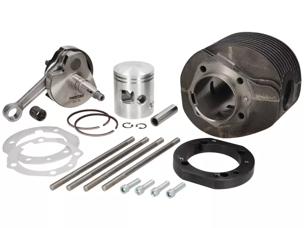 Adapter plate set incl. crankshaft+cylinder -J&G 2% special by WT- for fitting PX200 BGM cylinder (Ø66.5mm) on engine casing PX80, PX125, PX150, Cosa125, Cosa150, Sprint Veloce150 (VLB1T 294260-), GTR125 (VNL2T 145901-), Super150 (VBC1T 412374-), TS125 (V