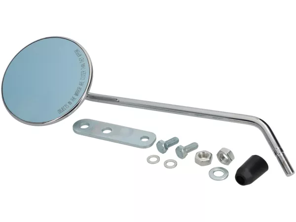 Mirror -FAR Ø110mm, l=220mm- chrome Vespa PX - round - left - incl. holder - with E-mark - also suitable for Vesp aV50, 50N, PV125, ET3, Rally, Sprint, PX, Super, TS125, GT125, GTR125, GL150, SS180