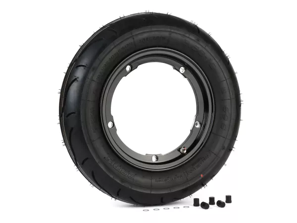 Roda lengkap - BGM Pro Superstrong - BGM Sport, tubeless, Vespa Largeframe PX, Sprint, Rally, GT, GTR, TS, T4, LML Star/Stella- 3.50 - 10 inci TL 59S (diperkuat) - pelek 2.10-10 hitam mengkilap