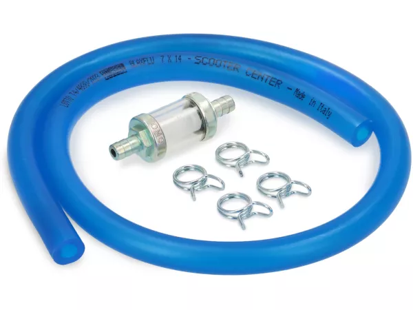 Set de tuyaux d'essence, y compris le filtre à essence -BGM ORIGINAL Ø7x14mm- Polyuréthane - Vespa Classique (Ø intérieur = 7mm, Ø extérieur = 14mm, longueur= 750mm) - bleu - convient pour Vespa Largeframe PX, T5, Cosa, Rally, Sprint, VNA, VNB, VBA, VBB,
