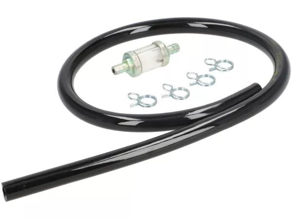 Set tubo benzina incl. filtro benzina e fascette stringitubo -BGM PRO Ø7x14mm - TPR/PUR (non indurente)- Vespa Classic (Ø interno = 7mm, Ø esterno = 14mm, lunghezza = 750mm) - nero - adatto per Vespa Largeframe PX, T5, Cosa, Rally, Sprint, VNA, VNB, VBA, 