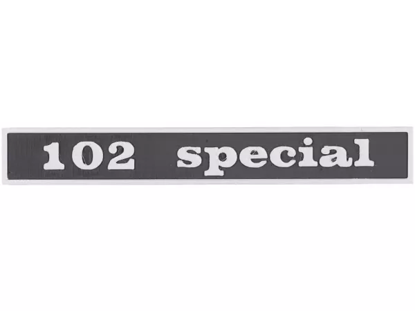 Badge -VESPTEC 102 special- rear for Vespa 50 Special (V5B1T 38640-), V5B3T, 132x17 mm - plastic - (black/aluminium)
