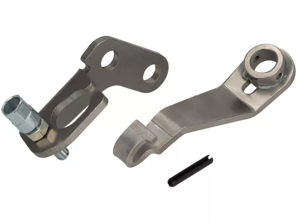 Placa de retención del cable de freno/embrague en el motor incl. brazo de embrague (largo) -FRT- Vespa V50, 50N Special, V90, SS50, SS90, PV125, ET3, PK - acero inoxidable