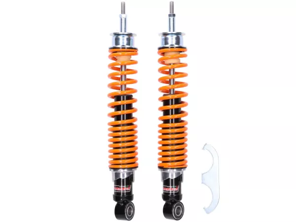 Amortisseur arrière (set) -CARBONE HI-TECH- Vespa GT, GTL, GTV, GTS 125, 300, 310 (toutes les années) - réglable en 3 positions - noir/orange