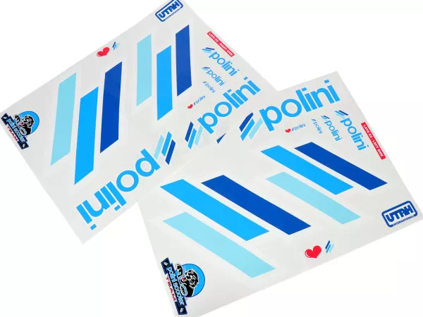 Klistermärkesuppsättning -POLINI- Team Polini Replica, 2x 480x340mm - Blå, för mörka ytor