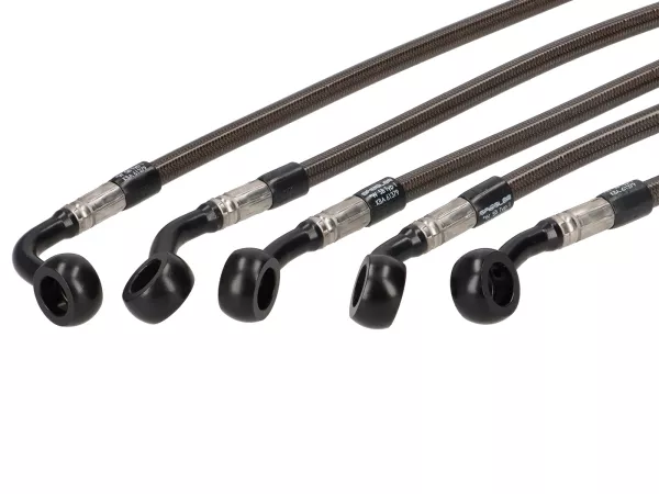 Juego de latiguillos de freno trenzados de acero -SPIEGLER- delanteros + traseros - Vespa GTS 300 (MD3103/04) a partir de 2022 - revestimiento con aspecto de carbono/conexiones negras