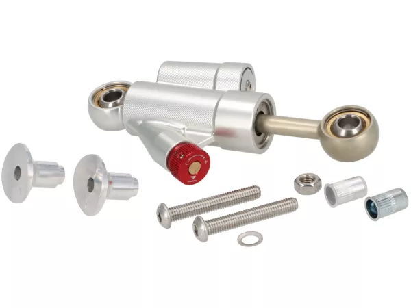 Stuurdemper incl. bevestiging -STD ScooterTec- Aluminium CNC - voor Vespa PX oud, PX Lusso, Disc, 2011 en Motovespa DN, PX, Iris - Kleur: Aluminium