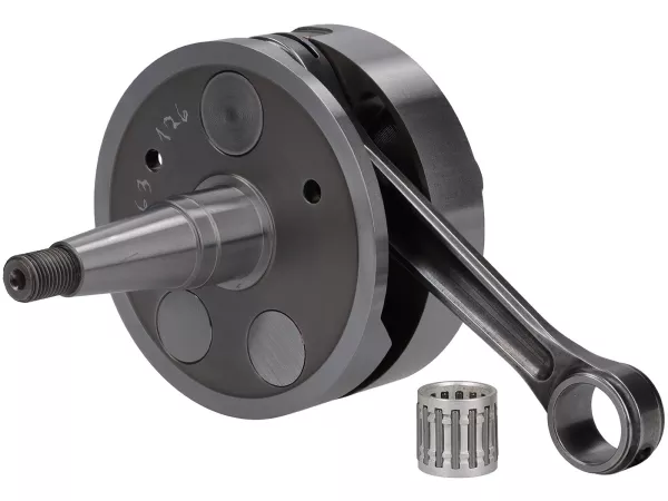 Crankshaft -BENELLI rotary vane intake wide (intake cheek=19mm, crankcase/rotary vane surface must be spindled )- 63mm stroke, 126mm connecting rod- Vespa PX - fits Quattrini M244/VMC244
