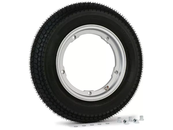 Roda lengkap - BGM Pro Superstrong -BGM Classic, tubeless, Vespa Largeframe PX, Sprint, Rally, GT, GTR, TS, T4, LML Star/Stella- 3.50 - 10 inci TL 59S (diperkuat) - Pelek 2.10-10 - Silver