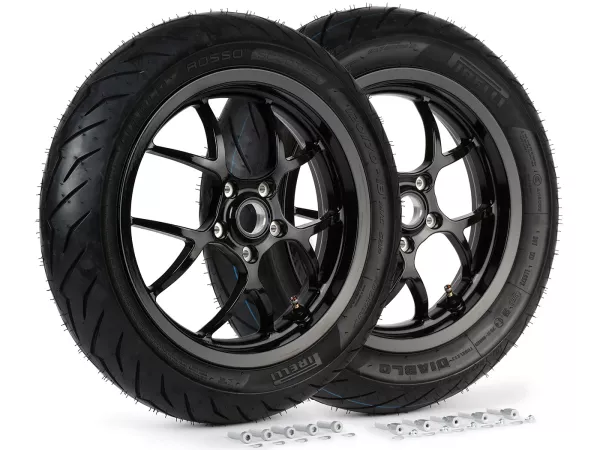 Set ruote completo (anteriore+posteriore incluso set di montaggio) -BGM PRO SPORT 13 pollici- PIRELLI- Diablo Rosso 120/70-13 + 130/70-13 - Vespa GTS, GTS Super, GTV, Sei Giorni, GT 60, GT, GT L 125-310cc - nero lucido