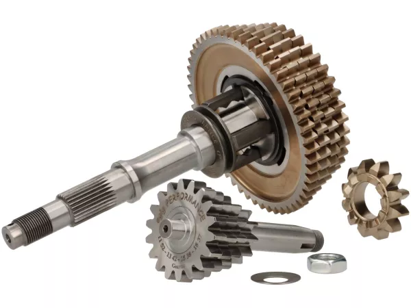 Gearbox lengkap (roda gigi termasuk poros utama + poros tambahan) -EGIG/FAIO X-TRA STRONG, poros penggerak CNC - Vespa Smallframe V50, PV, ET3, PK, HP 4-kecepatan - 18/37-15/38-12/42-10/52 - poros tambahan dengan kerucut