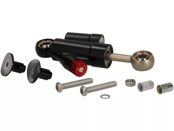Stuurdemper incl. bevestiging -STD ScooterTec- aluminium CNC - voor Vespa PX oud, PX Lusso, Disc, 2011 en Motovespa DN, PX, Iris - kleur: zwart