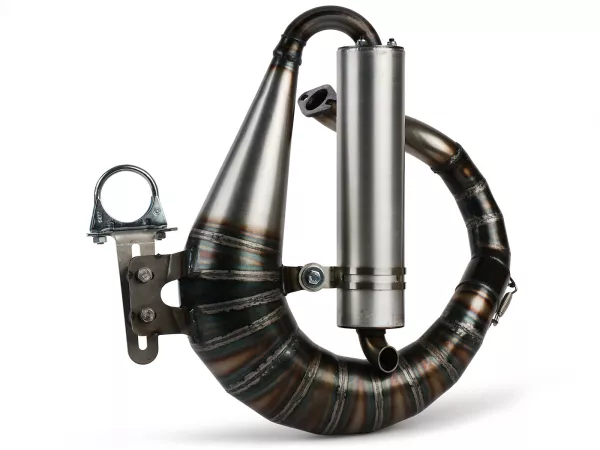 Auspuff -EGIG PERFORMANCE Unisex Curly 125-170/180/187ccm, Ø=32mm (54-60mm Stehbolzenabstand), verschraubter XXL Enddämpfer (Ø70mm) - Vespa ET3, PV125 (auch für Fahrzeuge mit Gepäckfach in der linken Seitenhaube passend)