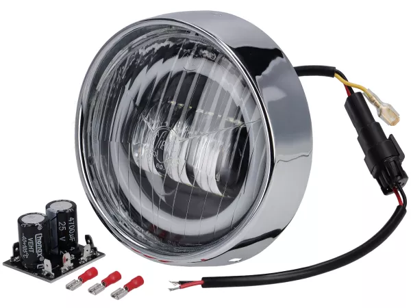 Lampu depan -SIEM LED Ø=115/120mm (kaca/luar) - Vespa VNB3T ke VNB6T, VBA1T, VBB1T ke VBB2T, GS150/GS3 (VS4T ke VS5T), GS160/GS4 (VSB1T) - kaca, termasuk cincin lis - termasuk set konverter tegangan
