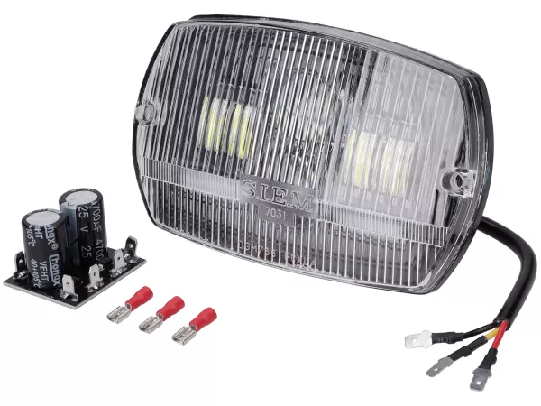 Lampu depan -SIEM LED, persegi panjang (dengan tanda persetujuan DGM) - Vespa V50 Special - termasuk set konverter tegangan