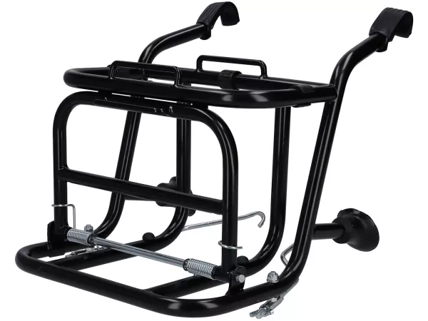 Folding front luggage rack -CUPPINI- black, for transporting 5 liter petrol cans- Vespa Largeframe PX, Rally, Sprint, GT, GTR,TS and Smallframe 50S/N/L/R, 50SR, PV, ET3, PK S, PK XL
