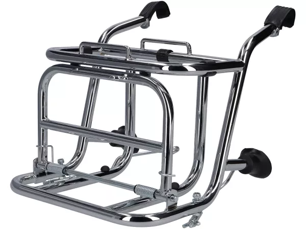 Folding front luggage rack -CUPPINI- chrome, for transporting 5 liter petrol cans- Vespa Largeframe PX, Rally, Sprint, GT, GTR,TS and Smallframe 50S/N/L/R, 50SR, PV, ET3, PK S, PK XL
