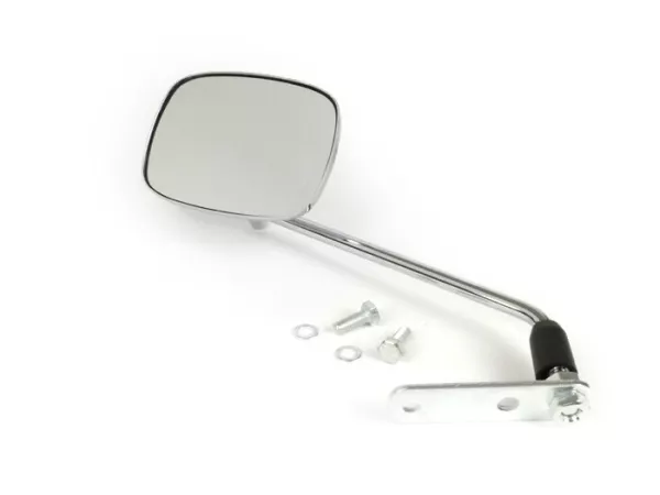 Mirror -FAR square, with bracket- Vespa V50 Special (trapeze), PV125, ET3, Rally, Sprint, PX, Super, TS125, GT125, GTR125, GL150, SS180 - lhs/rhs - E2 (E-mark) - chrome