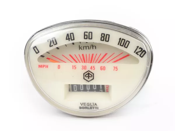 Velocímetro -VESPA- SR50, SS50, SS90, PV125, ET3, Super, TS, GTR, Sprint, Rally - 120km/h / 75mph (esfera blanca, dígitos negros)